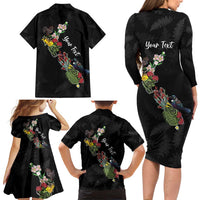 Kia Ora New Zealand Floral Personalized Family Matching Long Sleeve Bodycon Dress and Hawaiian Shirt Black LT7 - Polynesian Pride