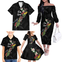 Kia Ora New Zealand Floral Personalized Family Matching Off The Shoulder Long Sleeve Dress and Hawaiian Shirt Black LT7 - Polynesian Pride