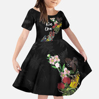 Kia Ora New Zealand Floral Personalized Family Matching Off Shoulder Short Dress and Hawaiian Shirt Black LT7 Daughter's Dress Black - Polynesian Pride
