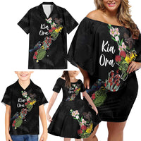 Kia Ora New Zealand Floral Personalized Family Matching Off Shoulder Short Dress and Hawaiian Shirt Black LT7 - Polynesian Pride