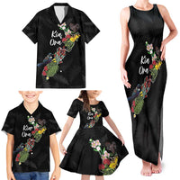 Kia Ora New Zealand Floral Personalized Family Matching Tank Maxi Dress and Hawaiian Shirt Black LT7 - Polynesian Pride
