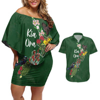 Kia Ora New Zealand Floral Personalized Couples Matching Off Shoulder Short Dress and Hawaiian Shirt Sage Green LT7 Sage Green - Polynesian Pride