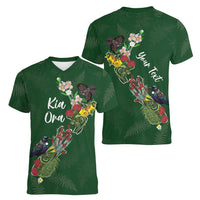 Kia Ora New Zealand Floral Personalized Women V-Neck T-Shirt Sage Green - Polynesian Pride