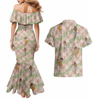 Beige Palaka Hula Girls Seamless Hawaii Aloha Couples Matching Mermaid Dress and Hawaiian Shirt LT7 - Polynesian Pride