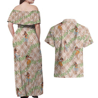 Beige Palaka Hula Girls Seamless Hawaii Aloha Couples Matching Off Shoulder Maxi Dress and Hawaiian Shirt - Polynesian Pride