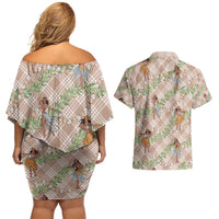 Beige Palaka Hula Girls Seamless Hawaii Aloha Couples Matching Off Shoulder Short Dress and Hawaiian Shirt LT7 - Polynesian Pride