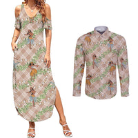Beige Palaka Hula Girls Seamless Hawaii Aloha Couples Matching Summer Maxi Dress and Long Sleeve Button Shirt - Polynesian Pride