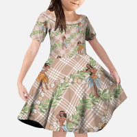 Beige Palaka Hula Girls Seamless Hawaii Aloha Family Matching Long Sleeve Bodycon Dress and Hawaiian Shirt - Polynesian Pride