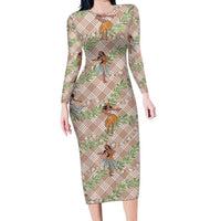 Beige Palaka Hula Girls Seamless Hawaii Aloha Family Matching Long Sleeve Bodycon Dress and Hawaiian Shirt LT7 Mom's Dress Beige - Polynesian Pride