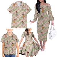 Beige Palaka Hula Girls Seamless Hawaii Aloha Family Matching Off The Shoulder Long Sleeve Dress and Hawaiian Shirt LT7 - Polynesian Pride