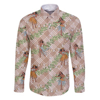 Beige Palaka Hula Girls Seamless Hawaii Aloha Family Matching Off The Shoulder Long Sleeve Dress and Hawaiian Shirt LT7 Dad's Shirt - Long Sleeve Beige - Polynesian Pride
