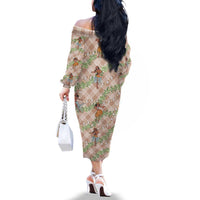 Beige Palaka Hula Girls Seamless Hawaii Aloha Family Matching Off The Shoulder Long Sleeve Dress and Hawaiian Shirt LT7 - Polynesian Pride