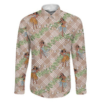 Beige Palaka Hula Girls Seamless Hawaii Aloha Family Matching Off Shoulder Maxi Dress and Hawaiian Shirt LT7 Dad's Shirt - Long Sleeve Beige - Polynesian Pride