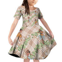 Beige Palaka Hula Girls Seamless Hawaii Aloha Family Matching Off Shoulder Short Dress and Hawaiian Shirt LT7 Daughter's Dress Beige - Polynesian Pride