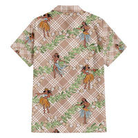 Beige Palaka Hula Girls Seamless Hawaii Aloha Family Matching Off Shoulder Short Dress and Hawaiian Shirt - Polynesian Pride