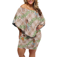 Beige Palaka Hula Girls Seamless Hawaii Aloha Family Matching Off Shoulder Short Dress and Hawaiian Shirt LT7 Mom's Dress Beige - Polynesian Pride