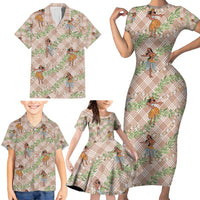 Beige Palaka Hula Girls Seamless Hawaii Aloha Family Matching Short Sleeve Bodycon Dress and Hawaiian Shirt - Polynesian Pride