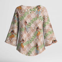 Beige Palaka Hula Girls Seamless Hawaii Aloha Kimono Sleeve Blouse - Polynesian Pride