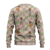 Beige Palaka Hula Girls Seamless Hawaii Aloha Ugly Christmas Sweater - Polynesian Pride