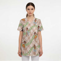 Beige Palaka Hula Girls Seamless Hawaii Aloha Scrub Top - Polynesian Pride