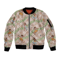 Beige Palaka Hula Girls Seamless Hawaii Aloha Sleeve Zip Bomber Jacket - Polynesian Pride