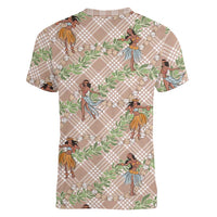 Beige Palaka Hula Girls Seamless Hawaii Aloha Women V-Neck T-Shirt - Polynesian Pride