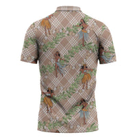 Beige Palaka Hula Girls Seamless Hawaii Aloha Zipper Polo Shirt - Polynesian Pride