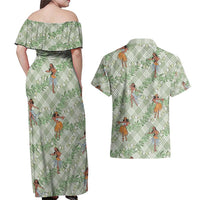 Mint Palaka Hula Girls Seamless Hawaii Aloha Couples Matching Off Shoulder Maxi Dress and Hawaiian Shirt - Polynesian Pride