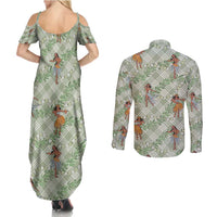 Mint Palaka Hula Girls Seamless Hawaii Aloha Couples Matching Summer Maxi Dress and Long Sleeve Button Shirt - Polynesian Pride