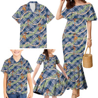 Navy Blue Palaka Hula Girls Seamless Hawaii Aloha Family Matching Mermaid Dress and Hawaiian Shirt LT7 - Polynesian Pride