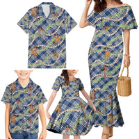 Navy Blue Palaka Hula Girls Seamless Hawaii Aloha Family Matching Mermaid Dress and Hawaiian Shirt - Polynesian Pride