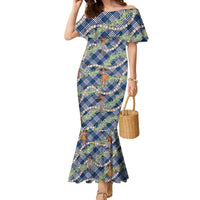 Navy Blue Palaka Hula Girls Seamless Hawaii Aloha Family Matching Mermaid Dress and Hawaiian Shirt LT7 Mom's Dress Navy Blue - Polynesian Pride