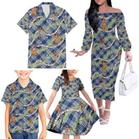 Navy Blue Palaka Hula Girls Seamless Hawaii Aloha Family Matching Off The Shoulder Long Sleeve Dress and Hawaiian Shirt LT7 - Polynesian Pride