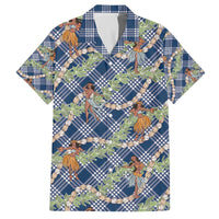 Navy Blue Palaka Hula Girls Seamless Hawaii Aloha Family Matching Off The Shoulder Long Sleeve Dress and Hawaiian Shirt LT7 Dad's Shirt - Short Sleeve Navy Blue - Polynesian Pride