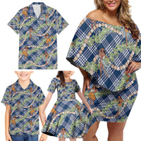 Navy Blue Palaka Hula Girls Seamless Hawaii Aloha Family Matching Off Shoulder Short Dress and Hawaiian Shirt LT7 - Polynesian Pride