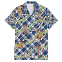 Navy Blue Palaka Hula Girls Seamless Hawaii Aloha Family Matching Off Shoulder Short Dress and Hawaiian Shirt - Polynesian Pride