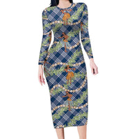 Navy Blue Palaka Hula Girls Seamless Hawaii Aloha Long Sleeve Bodycon Dress - Polynesian Pride