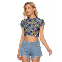 Navy Blue Palaka Hula Girls Seamless Hawaii Aloha Raglan Cropped T Shirt - Polynesian Pride
