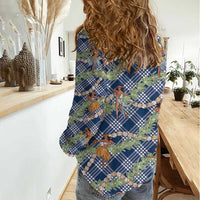 Navy Blue Palaka Hula Girls Seamless Hawaii Aloha Women Casual Shirt - Polynesian Pride