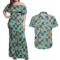 Teal Palaka Hula Girls Seamless Hawaii Aloha Couples Matching Off Shoulder Maxi Dress and Hawaiian Shirt - Polynesian Pride
