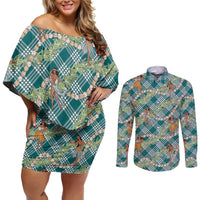 Teal Palaka Hula Girls Seamless Hawaii Aloha Couples Matching Off Shoulder Short Dress and Long Sleeve Button Shirt - Polynesian Pride