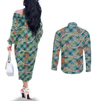 Teal Palaka Hula Girls Seamless Hawaii Aloha Couples Matching Off The Shoulder Long Sleeve Dress and Long Sleeve Button Shirt - Polynesian Pride