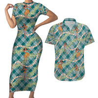 Teal Palaka Hula Girls Seamless Hawaii Aloha Couples Matching Short Sleeve Bodycon Dress and Hawaiian Shirt - Polynesian Pride
