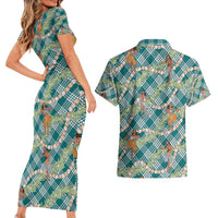 Teal Palaka Hula Girls Seamless Hawaii Aloha Couples Matching Short Sleeve Bodycon Dress and Hawaiian Shirt - Polynesian Pride