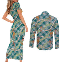 Teal Palaka Hula Girls Seamless Hawaii Aloha Couples Matching Short Sleeve Bodycon Dress and Long Sleeve Button Shirt - Polynesian Pride