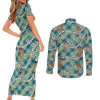 Teal Palaka Hula Girls Seamless Hawaii Aloha Couples Matching Short Sleeve Bodycon Dress and Long Sleeve Button Shirt LT7 - Polynesian Pride