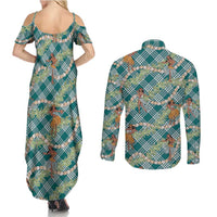 Teal Palaka Hula Girls Seamless Hawaii Aloha Couples Matching Summer Maxi Dress and Long Sleeve Button Shirt - Polynesian Pride