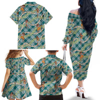 Teal Palaka Hula Girls Seamless Hawaii Aloha Family Matching Off The Shoulder Long Sleeve Dress and Hawaiian Shirt - Polynesian Pride