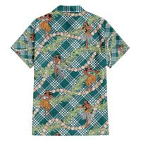 Teal Palaka Hula Girls Seamless Hawaii Aloha Family Matching Off The Shoulder Long Sleeve Dress and Hawaiian Shirt - Polynesian Pride