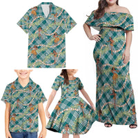 Teal Palaka Hula Girls Seamless Hawaii Aloha Family Matching Off Shoulder Maxi Dress and Hawaiian Shirt - Polynesian Pride